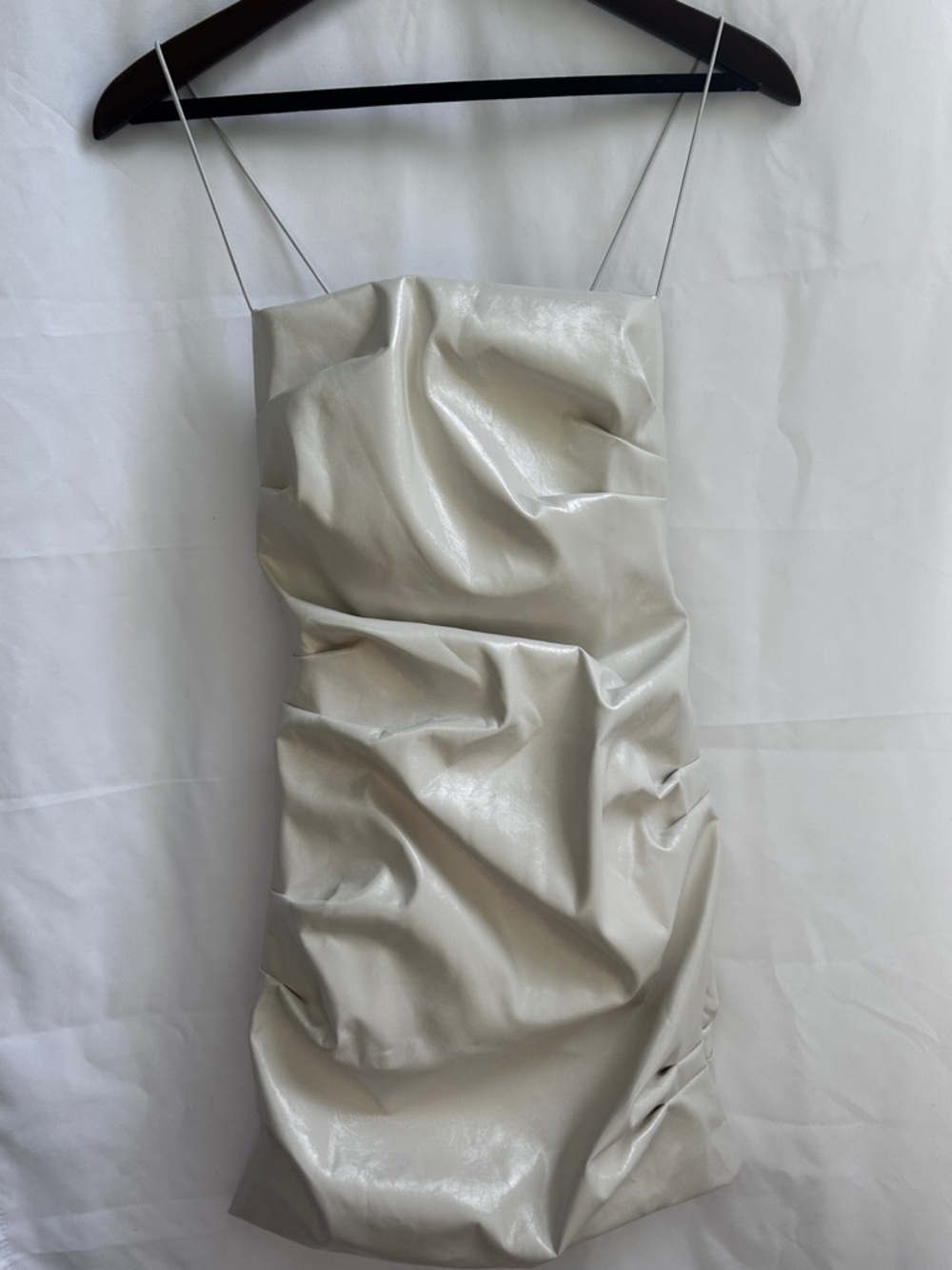 NWT Sleeveless Ivory Draped Mini Dress, Vegan PU Leather XS (has small flaw)